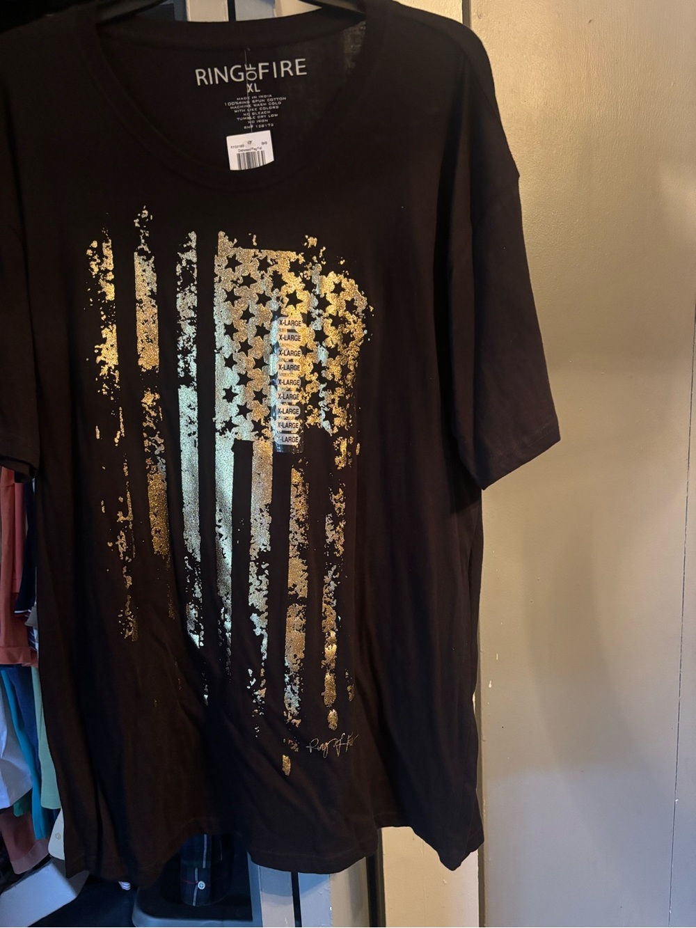 Ring of Fire Black Short-Sleeve Tee with Distressed Metallic Gold Flag